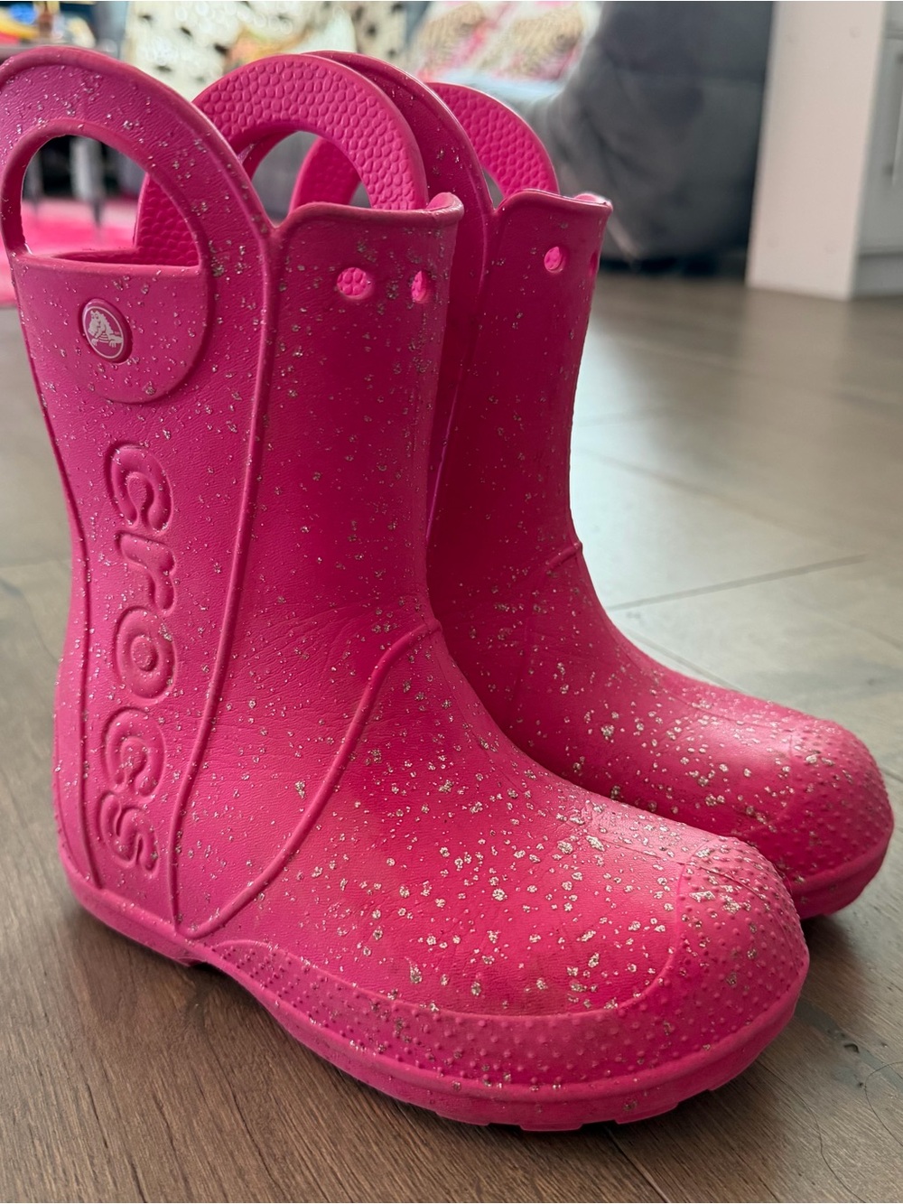 CROCS Kids Handle It Pink Crush Glitter Rain Boots